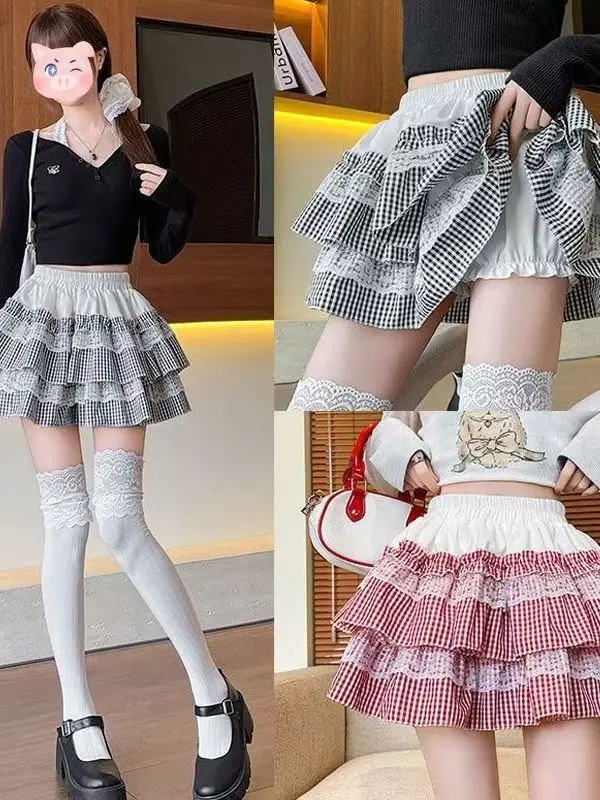 Sweet Lace Plaid Puffy Cake Skirt Half-length Women's Summer Gauze Ruffle A-line Slim Short Skirt Princess Style High Waist E...
