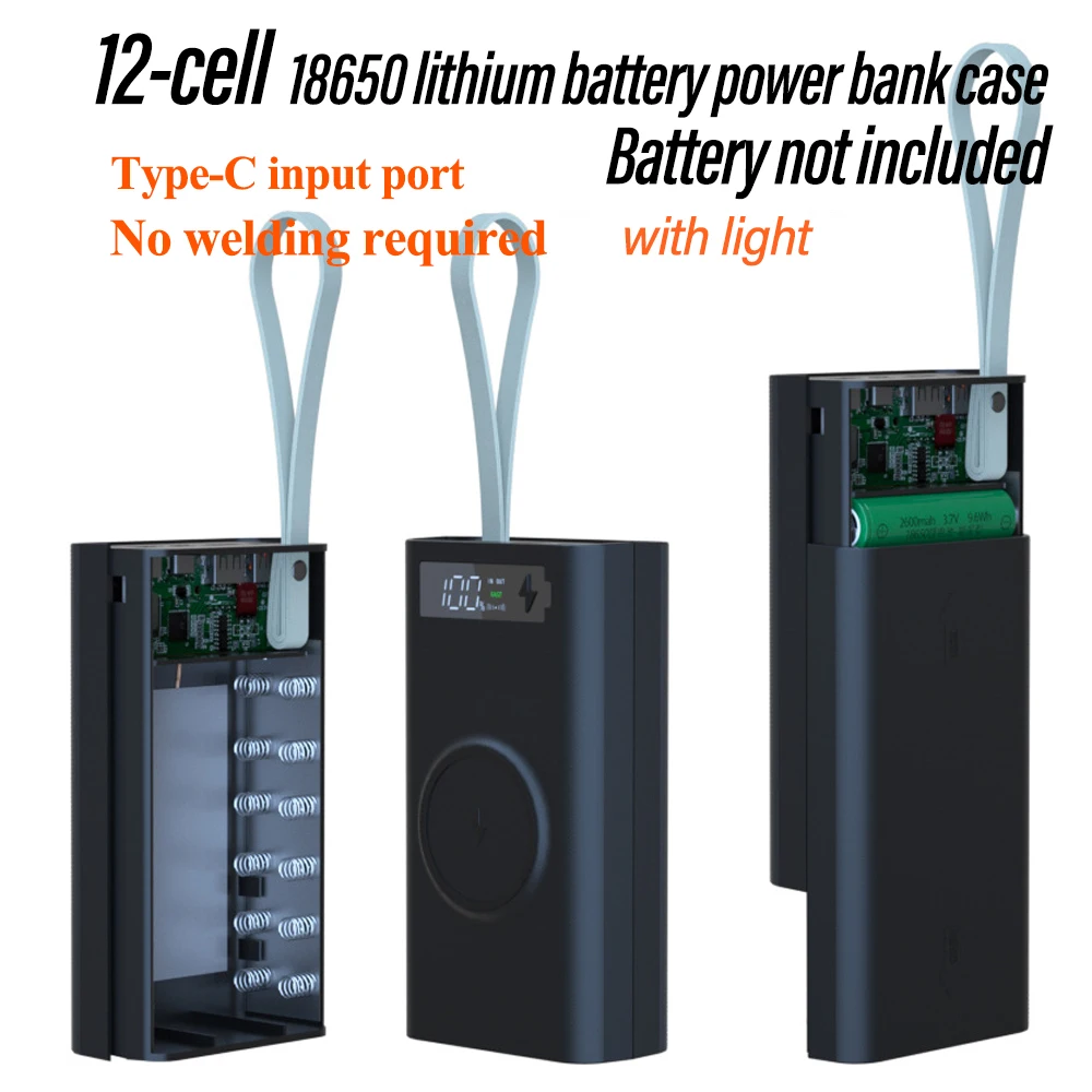 12 Cell 18650 Detachable Solder‑Free DIY Power Bank Kit PD Fast Charging With LED Light  Mobile Power Shell Without Battery