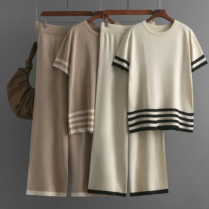 

Вязаный топ в полоску с короткими рукавами в европейском и американском стиле с цветными блоками + утягивающие широкие брюки с высокой талией Fashion Casua