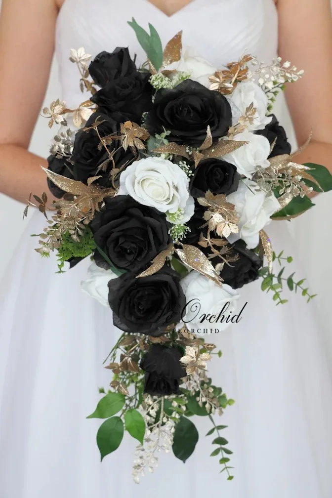 PEORCHID Gothic Black White Roses Cascade Bridal Bouquet Gold Leaves Artificial Flowers Luxury Waterfall Wedding Bride Bouquet