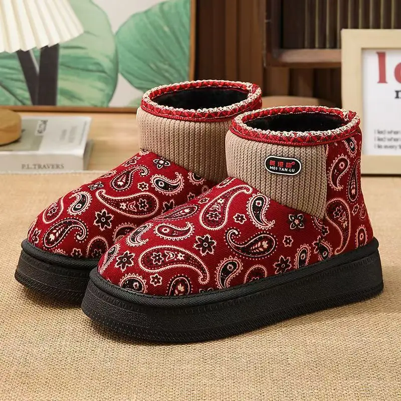 

Women Ethnic Style Thick Sole High Top Cotton Shoes Winter New Thicken Plush Keep Warm Round Toe Slip On Elderly Cotton Shoes