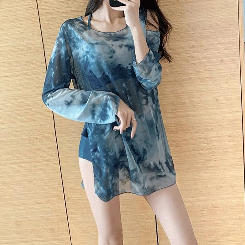 2023 New Temperament Women's Clothing Fashion Tie Dye Printed Loose Conservative Sports Style Long Sleeve Smock Ruffles Bikini