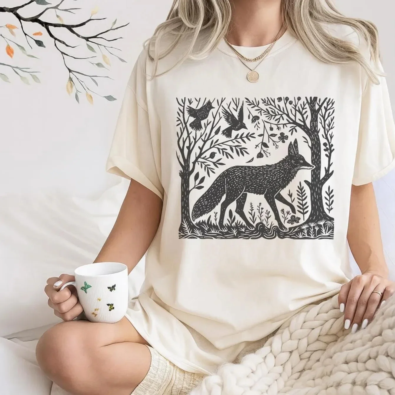 

Plus Size Summer Women's Retro Folklore Forest Fox Print T-Shirt Cotton Breathable Stylish Versatile Street Style Oversized