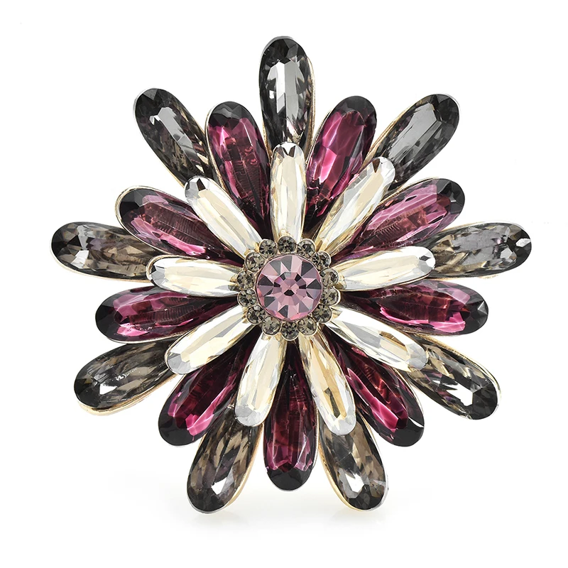 Wuli&baby Crystal Daisy Flower Brooches For Women Unisex 4-color 3-layer Flowers Plants Party Office Brooch Pins Gifts