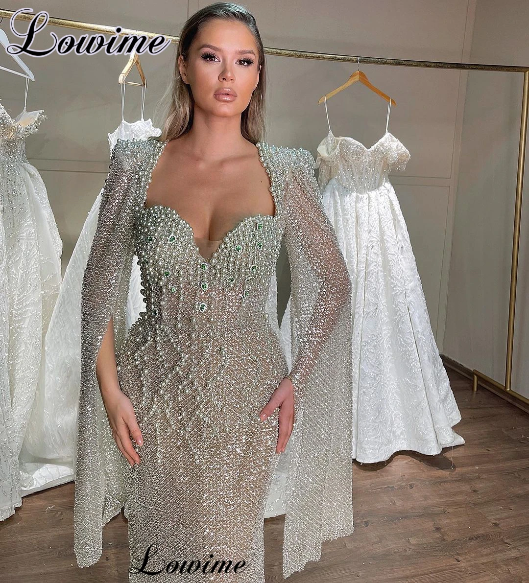 2023 New Fashion Pearls Evening Dresses Mermaid Long Sleeves Celebrity Dresses Wedding Guests Dresses Robes De Soirée Custom