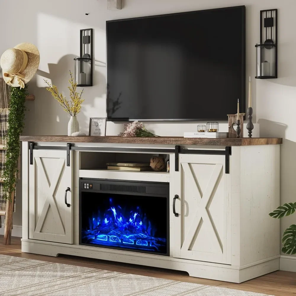 

Fireplace TV Cabinet with Sliding Barn Door, 63 Inch Fireplace Entertainment Center with Storage Cabinet and Adjustable Shelf