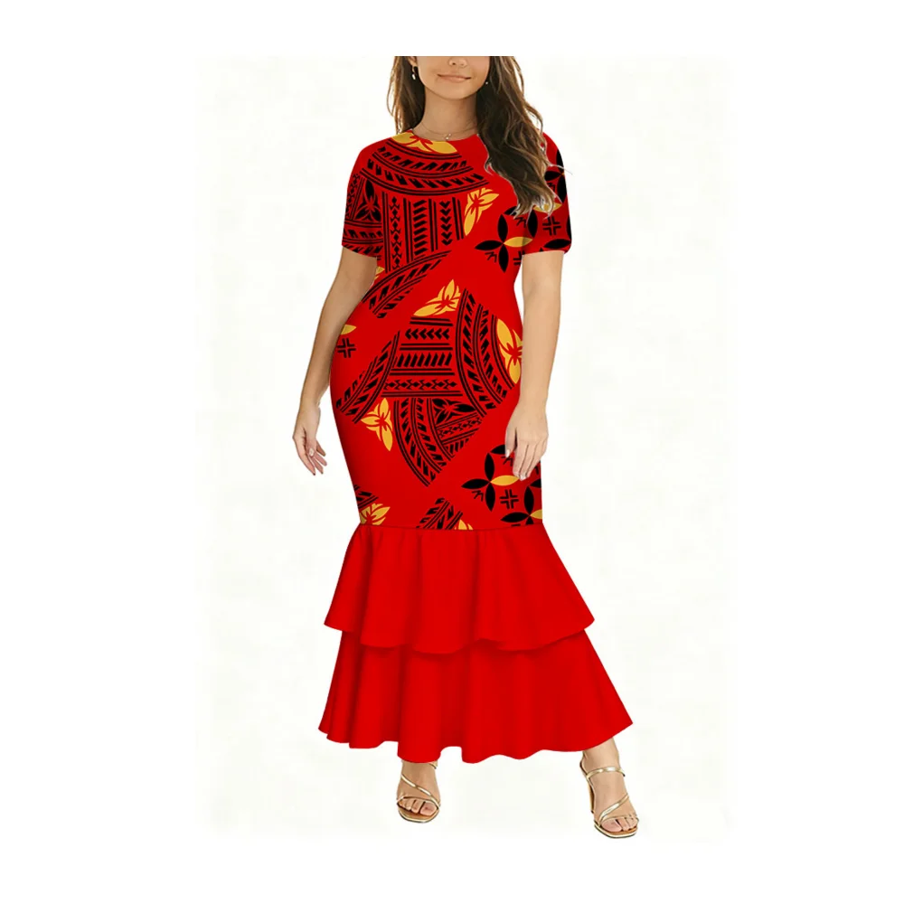 فستان ذيل السمكة برقبة دائرية وأكمام قصيرة مناسب للنساء فستان حفلات عالي الجودة مصنوع حسب الطلب من بولينيزيا