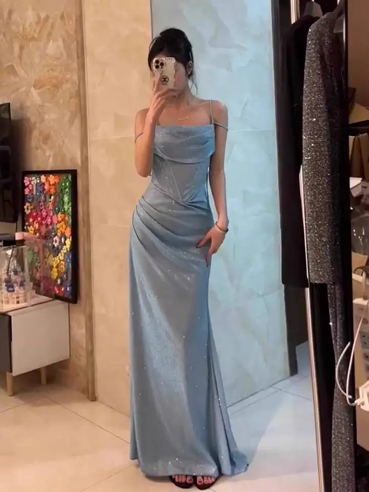 

Summer 2024 Design Sensation Fre Faion Waist-Cinching Blue Strapl Dr Women's Gown High Waist Polyester Fiber Casual...