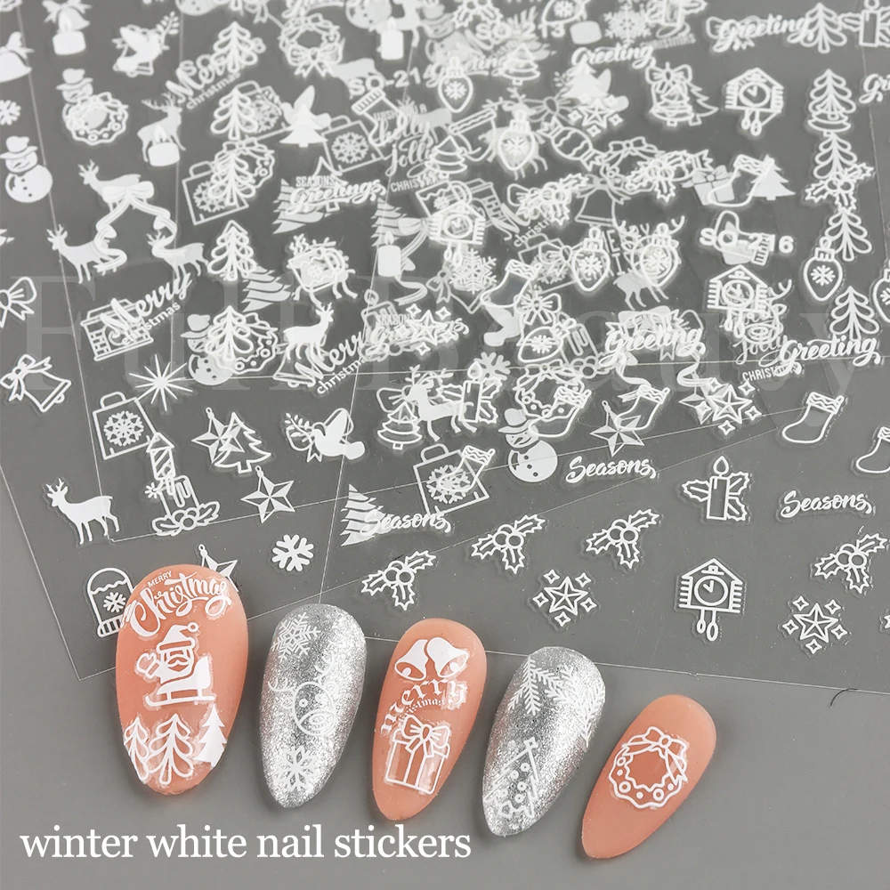 3D Winter Nail Sticker New Year Christmas Decoration White Snow Sliders Santa Claus Deer Baubles Greenery Nail Decals GLSO212-22