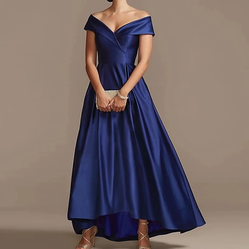 Royal Blue Off the Shoulder Satin Evening Dress High - Low Hem Elegant Gown for Wedding Party Dress A-line Formal Dress