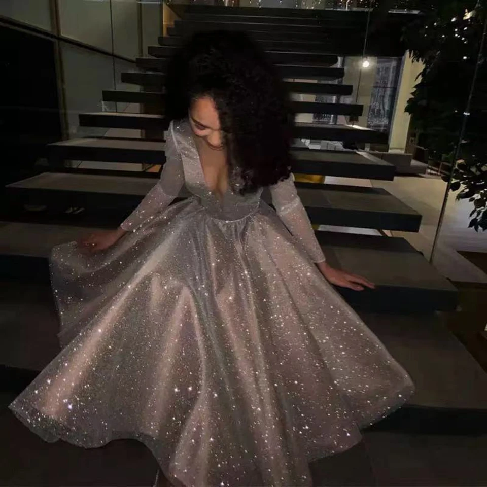 Customized Sparkling Sequined Hot V-Neck Long Sleeves Ball Gown Evening Dresses Gala 2024 Knee-Length Wedding Party Prom Gowns