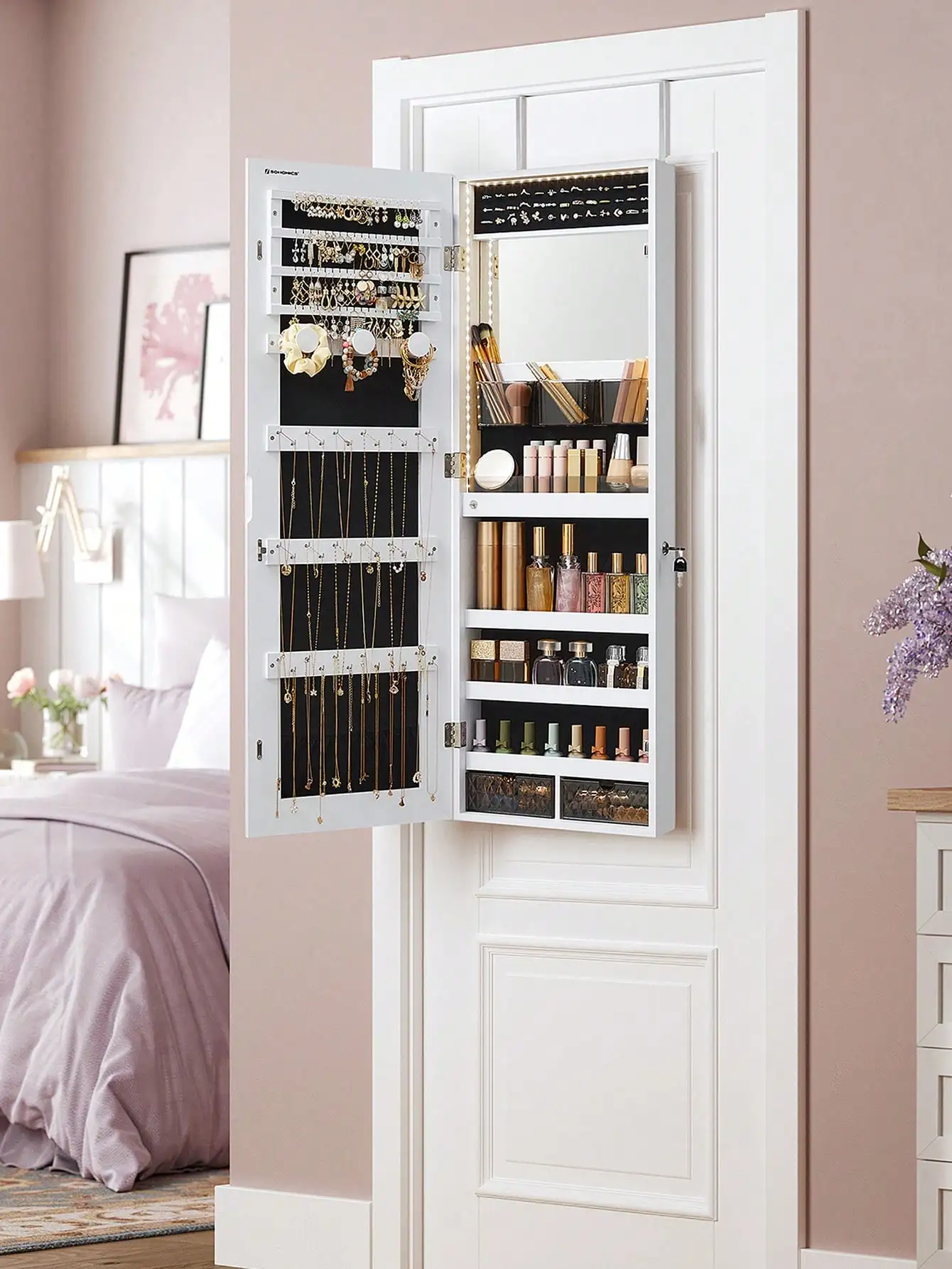 SONGMICS Wall Mounted Jewelry Cabinet with LED Lights, Frameless Mirror, Built-in Makeup Mirror, 2 Drawers, Lockable