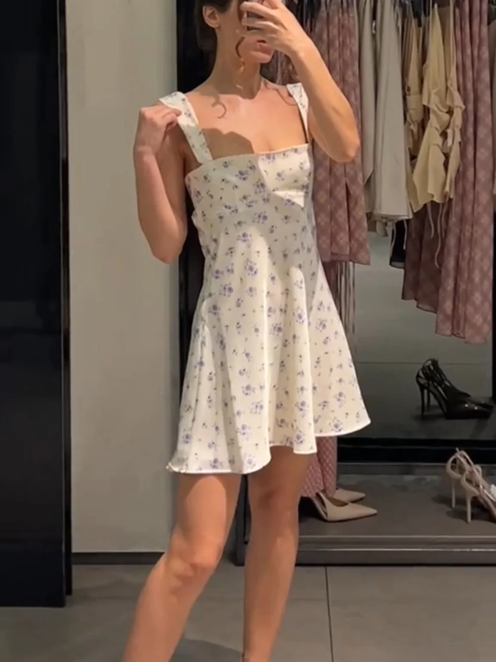 

Women Fashion Floral Print Mini Dress Straight Neck Wide Straps Back Tied Female Dresses Vestidos Mujer