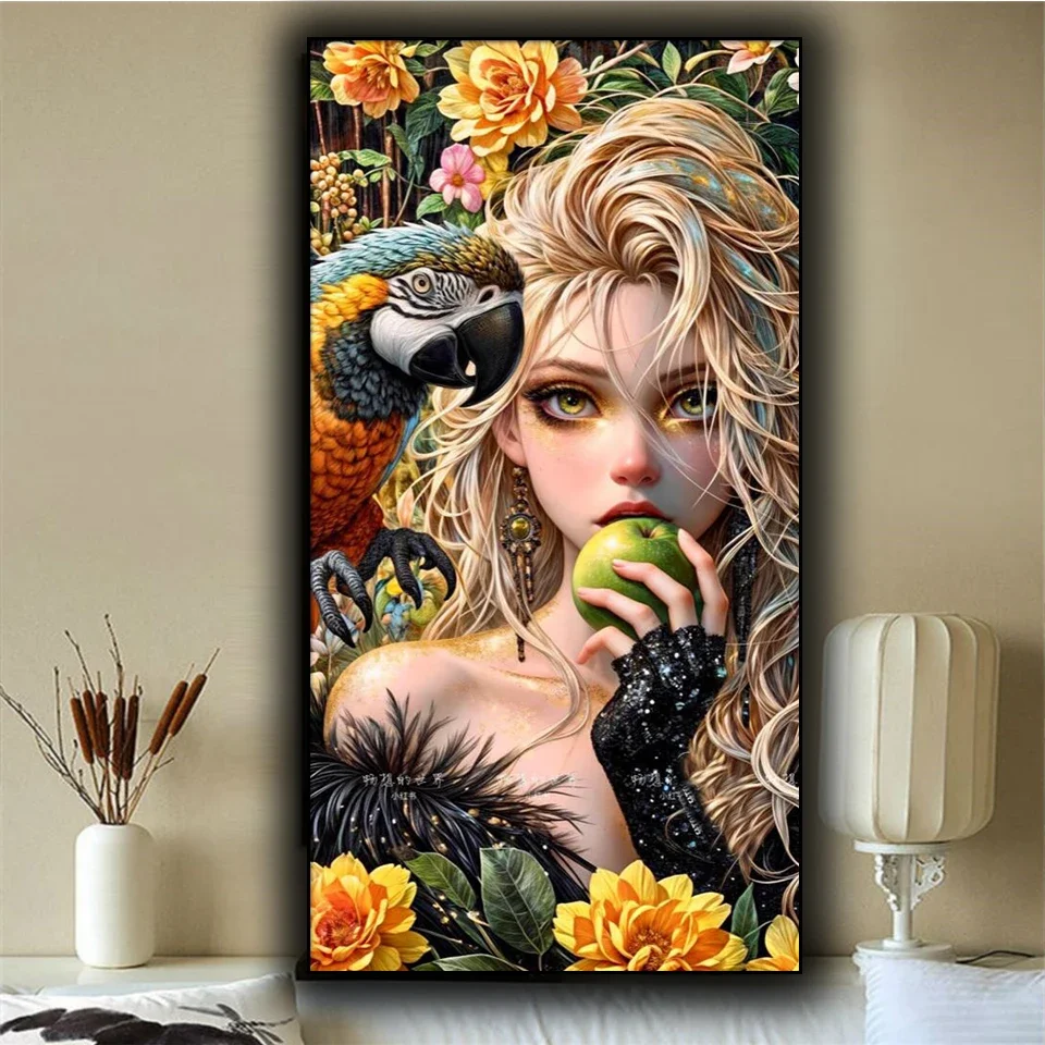 Parrot and Princess with Long Hair Diy Diamond Mosaic full Square Round Diamond Painting New 2024 Girl And Bird Home Decor Gift