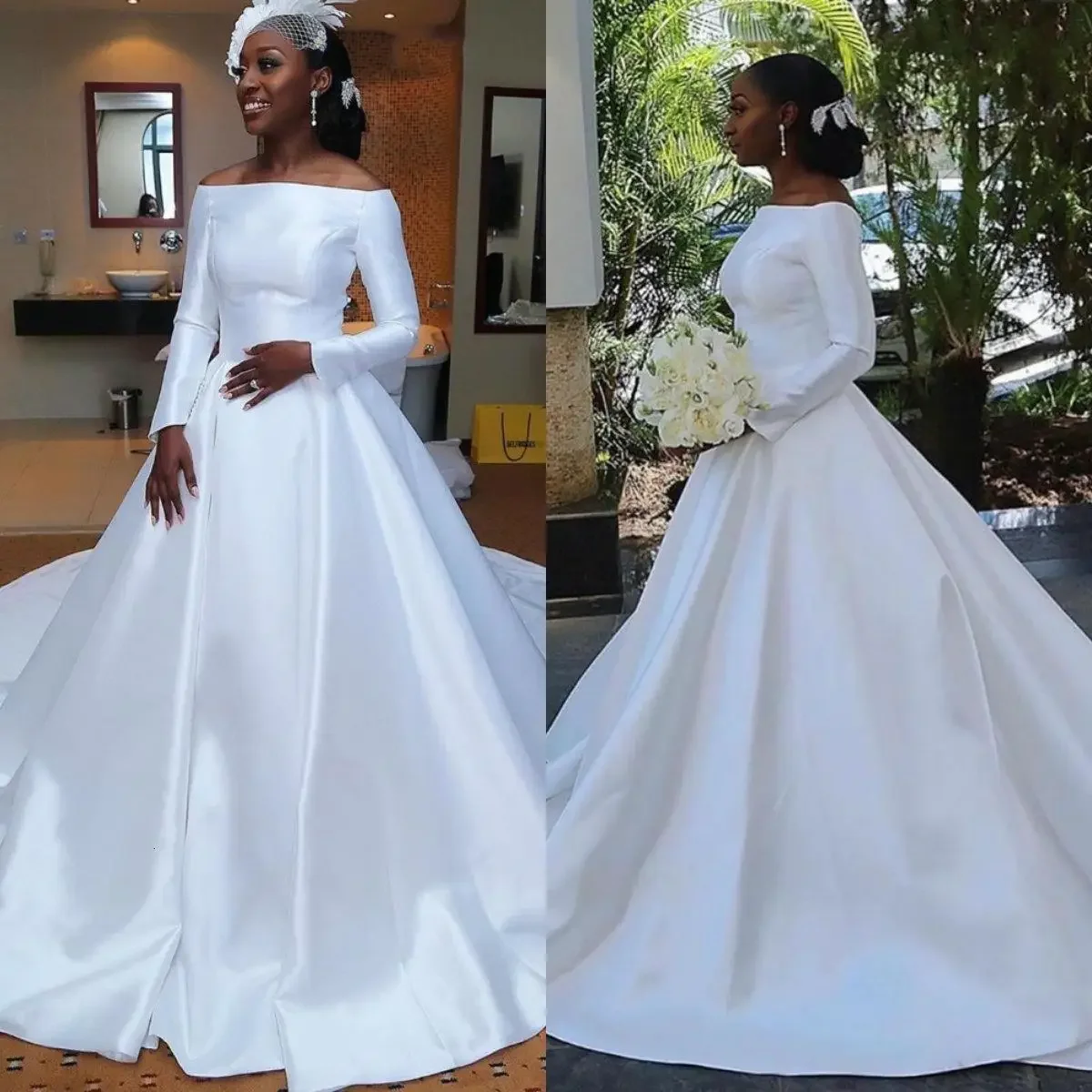 Customized A Line African Off The Shoulder Satin Sweep Train Long Sleeve Elegant Bohemian Wedding Dress Custom Cheap Bridal