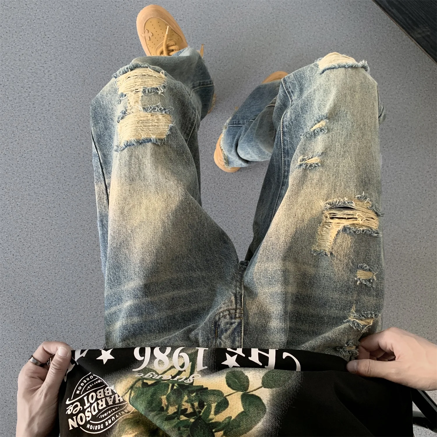 

Washed Vintage Men's Jeans Spring Autumn Straight Leg Long Trousers Trendy Brand Fashionable Frayed High Street Style