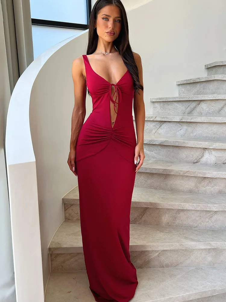 

Absobe Sexy Cut Out Shrring Tank Maxi Dress Women's V-neck Backless Bodycon Slim Long Dress Summer Outfits Elegant Partywear