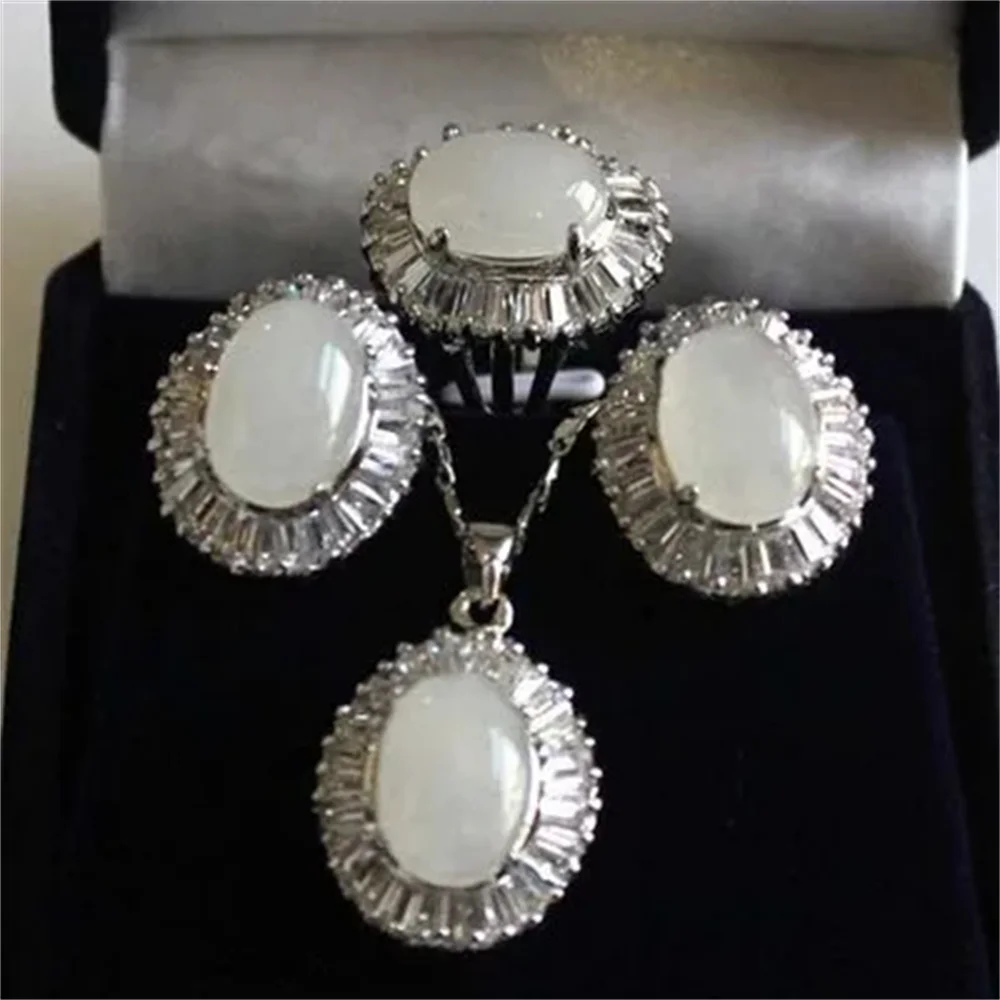 

Magnifique lady 10 - 14 mm blanc Stones perles 18KGP anneau # 7 / 8 / 9 pendentif et boucles d'oreilles