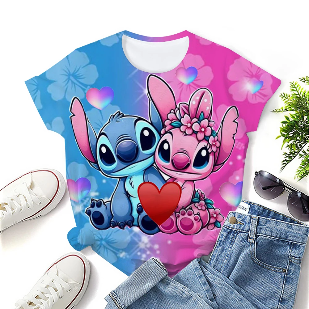 

Disney Kawaii Lilo Stitch Print T-shirts Tops For Women Lady Autumn Children T-shirts Casual O-neck Ohana Stitch T-shirts