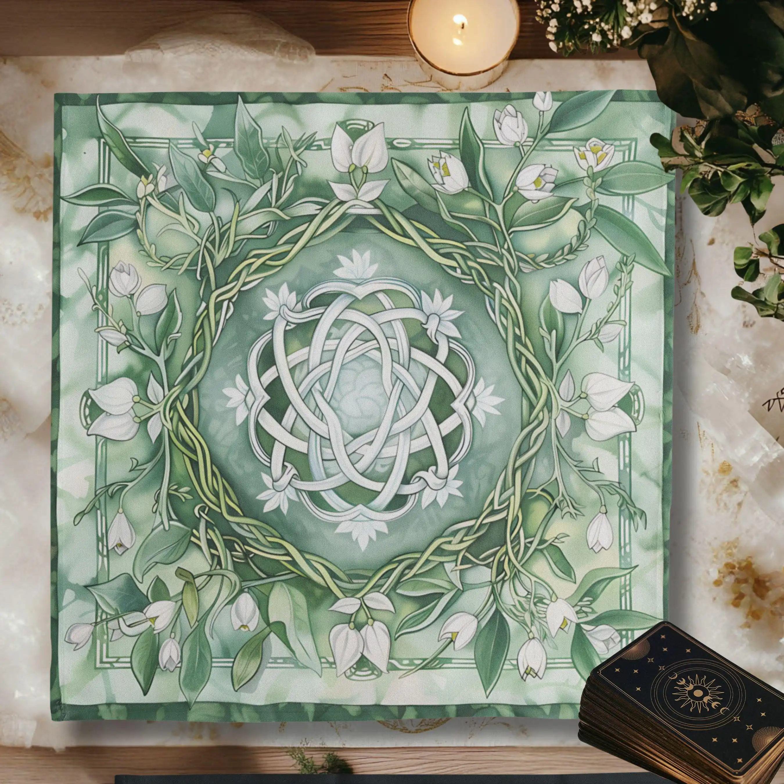 50/75/110/137cm Light Green Snow Drip Flower Celtic Knot Tarot Table Cloth Bunsen Natural Wind Altar Cloth Ritual Divination