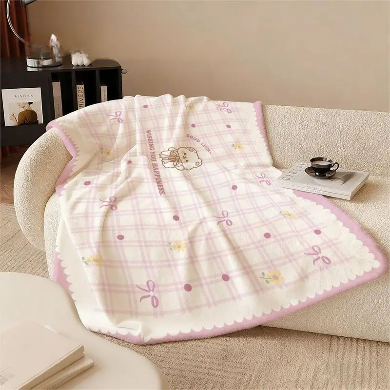 VIKAMA Pink Throw Blanket with Little Hearts and Cute Bunny in a Scalloped Frame Cozy Girls Bedroom Blanket Kawaii Sofa Throw