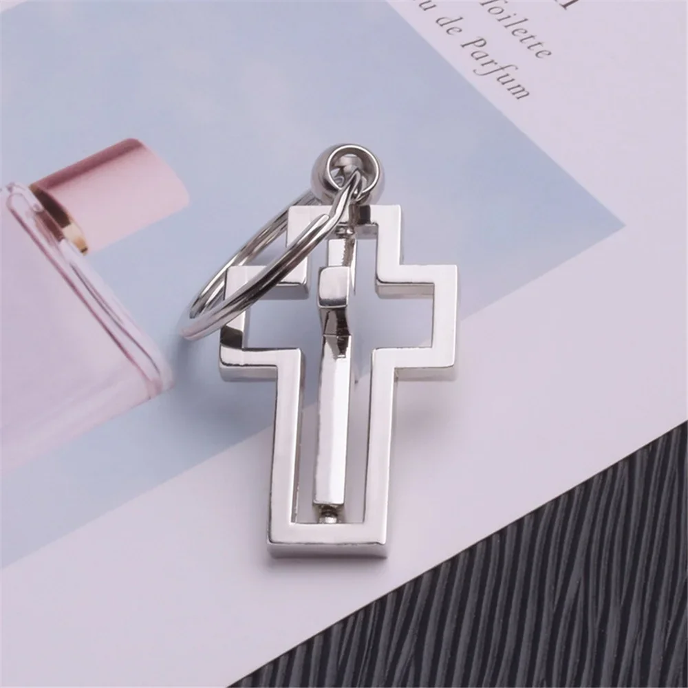 Fashion 360 Degree Rotating Cross Keychain For Men Metal Hollow Car Key Pendant With Key Ring Couple Religious Gifts