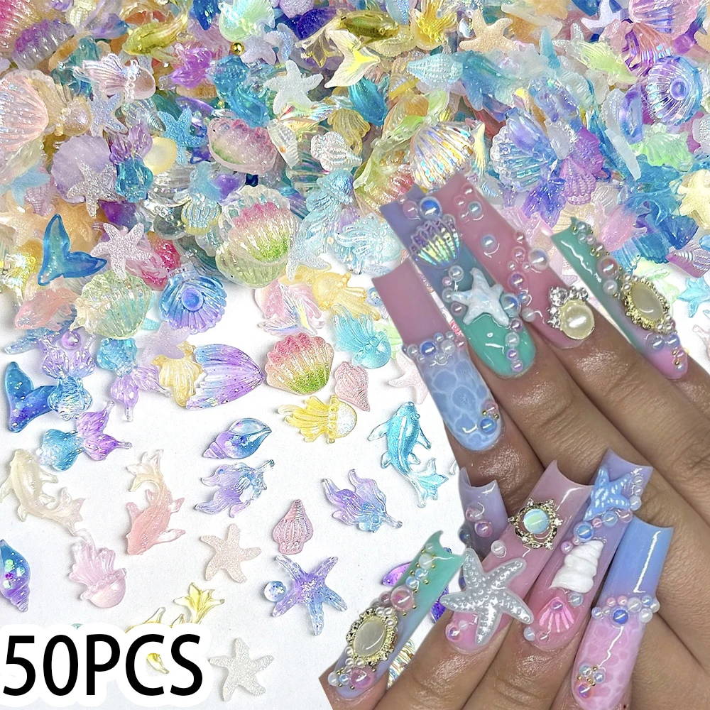 

50pcs Iridescent Starfish Shell Conch Nail Charms Aurora Mermaid Tail/Dolphin/Jellyfish Ocean Series Resin Shiny Nail Art Decora