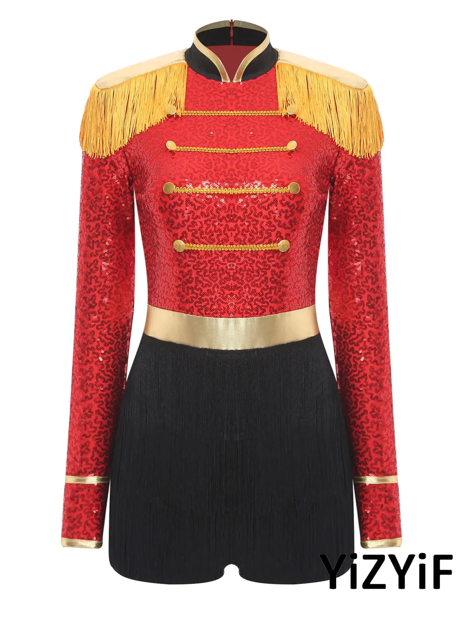 

Womens Halloween Circus Magician Roleplaying Costume Tassel Epaulets Gold Trim Tiered Fringe Bodysuit with Hat Bowtie and Gloves