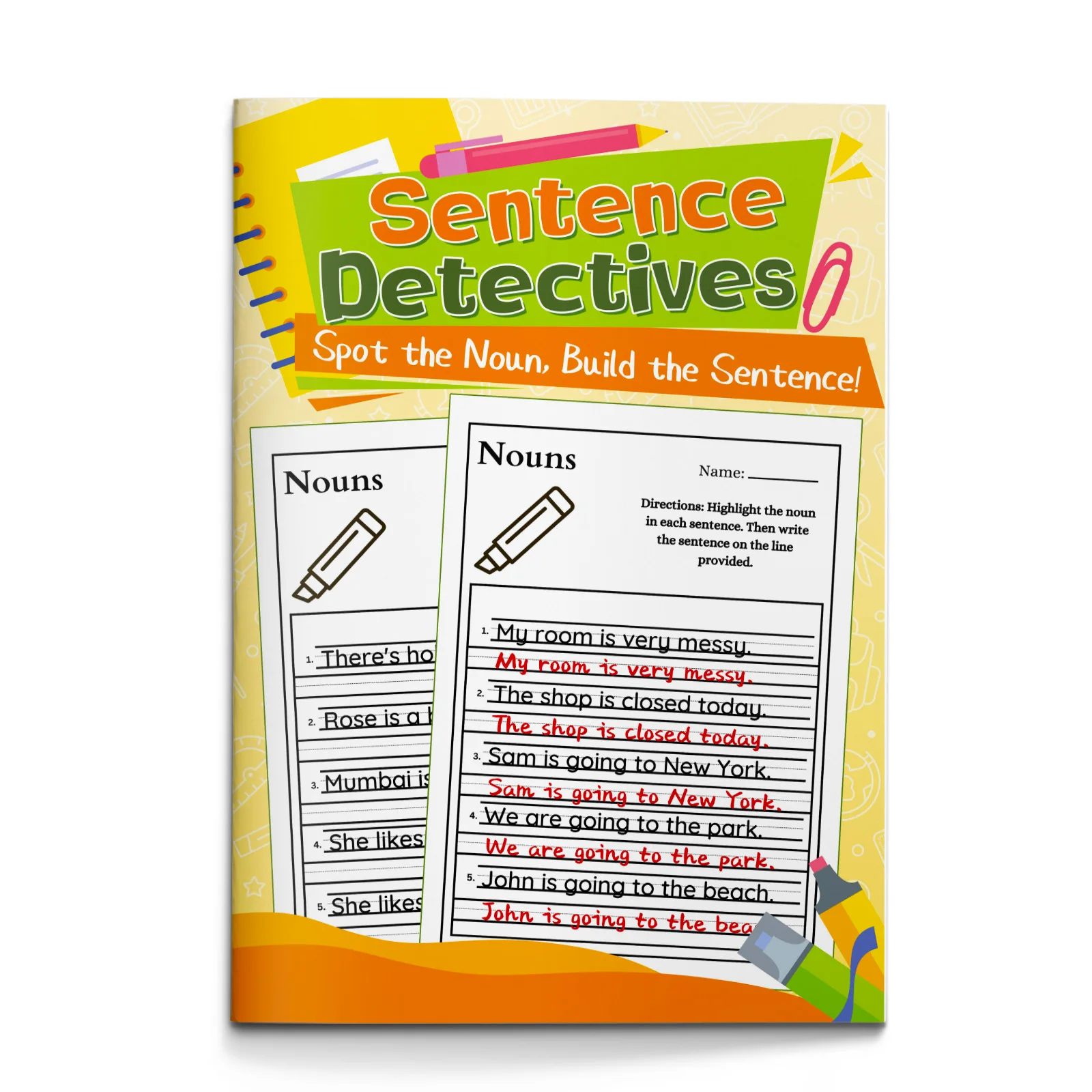 Grammar and Writing Practice Workbook for Kids, Learn Nouns, Highlight Words, and Write Sentences