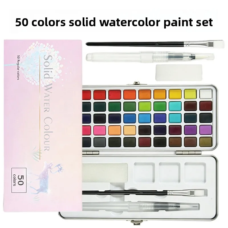 50 Color Solid Watercolor Paint Set in Metal Tin Box with Water Brush, Painting Brush and Absorbent Sponge, Portable Art