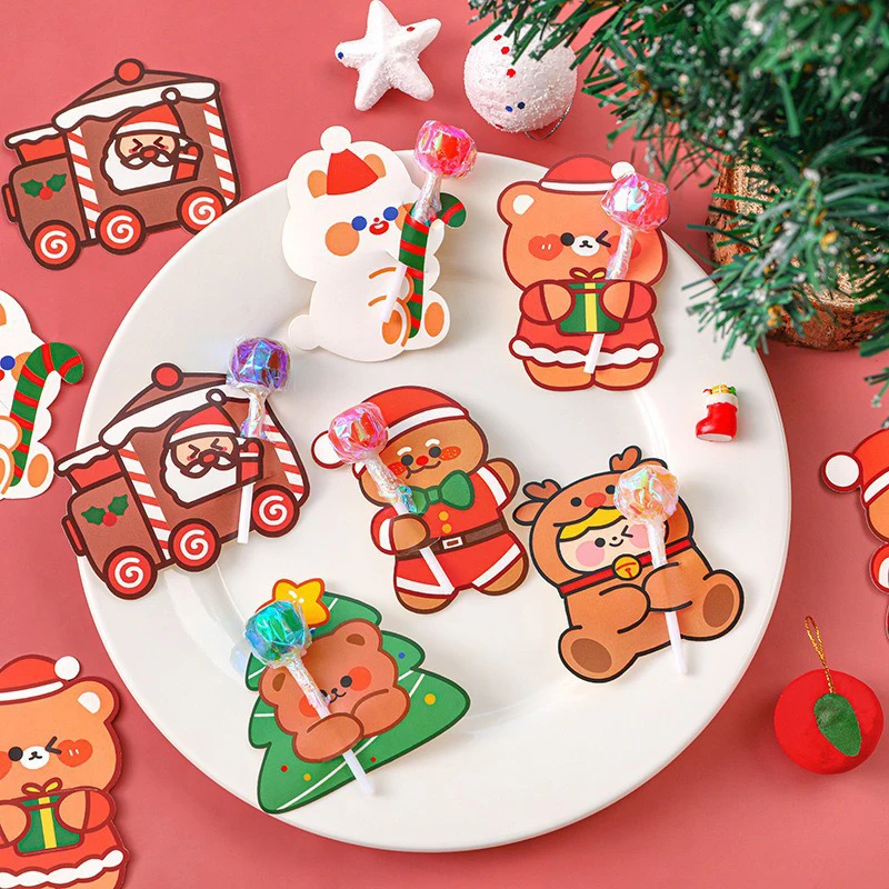 10Pcs Cartoons Lollipop Card Christmas Candy Decorations Packaging Card Cute Xmas Tree Santa Claus Lollipop Holder Gifts