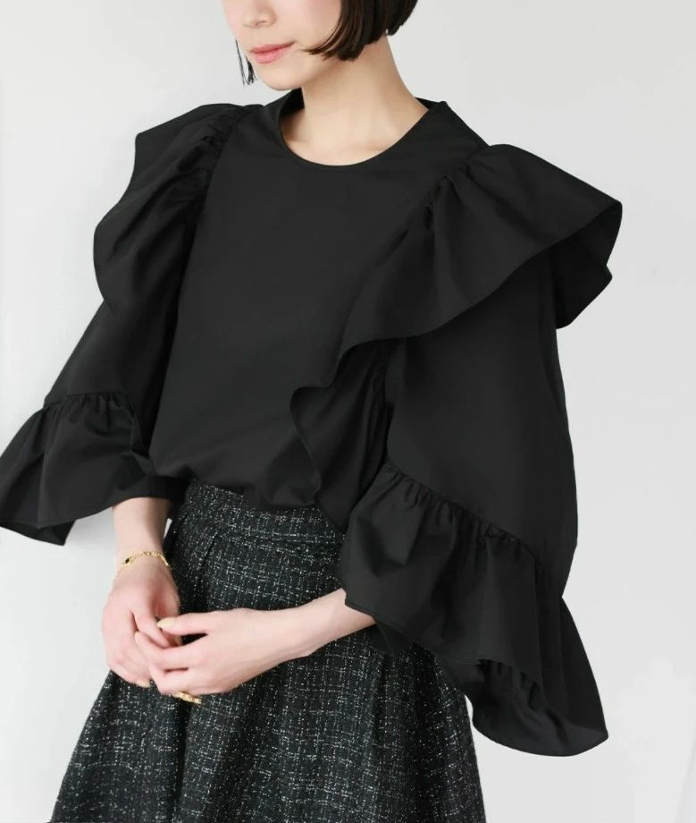 

Autumn 2025 New Style Ruffled Shirt Causal Round Neck Long Sleeve Top