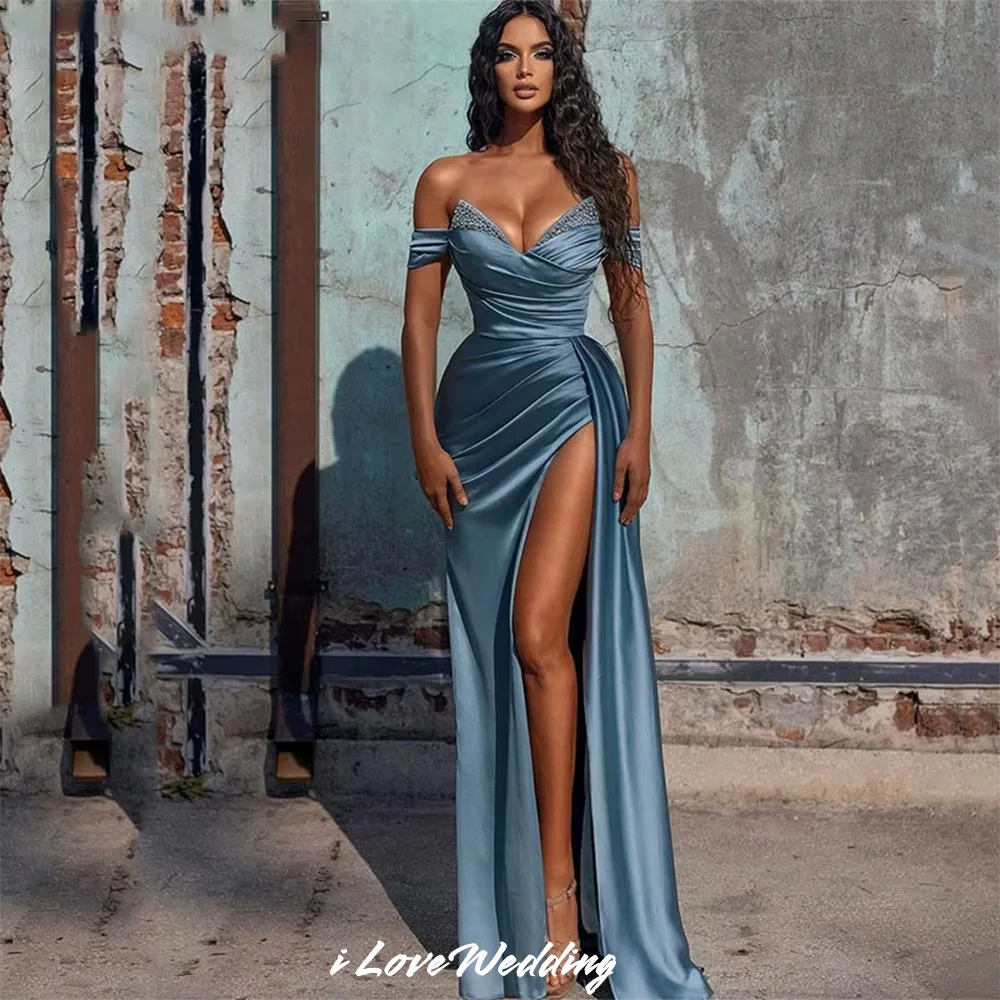 

Blue Off the Shoulder Prom Dresses 2025 Satin Beaded V-Neck Mermaid Split Pleated Evening Dress Wedding Party Dress Customized