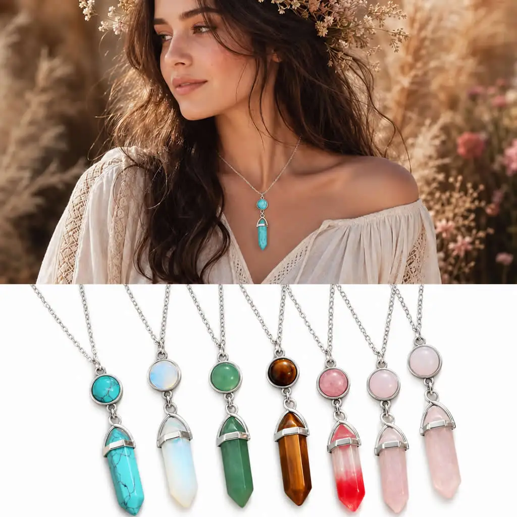 Natural Crystal Point Necklace Silver Boho Tiered Gemstone Pendant Tigers Eye Opalite Rose Quartz Healing Gift for Women