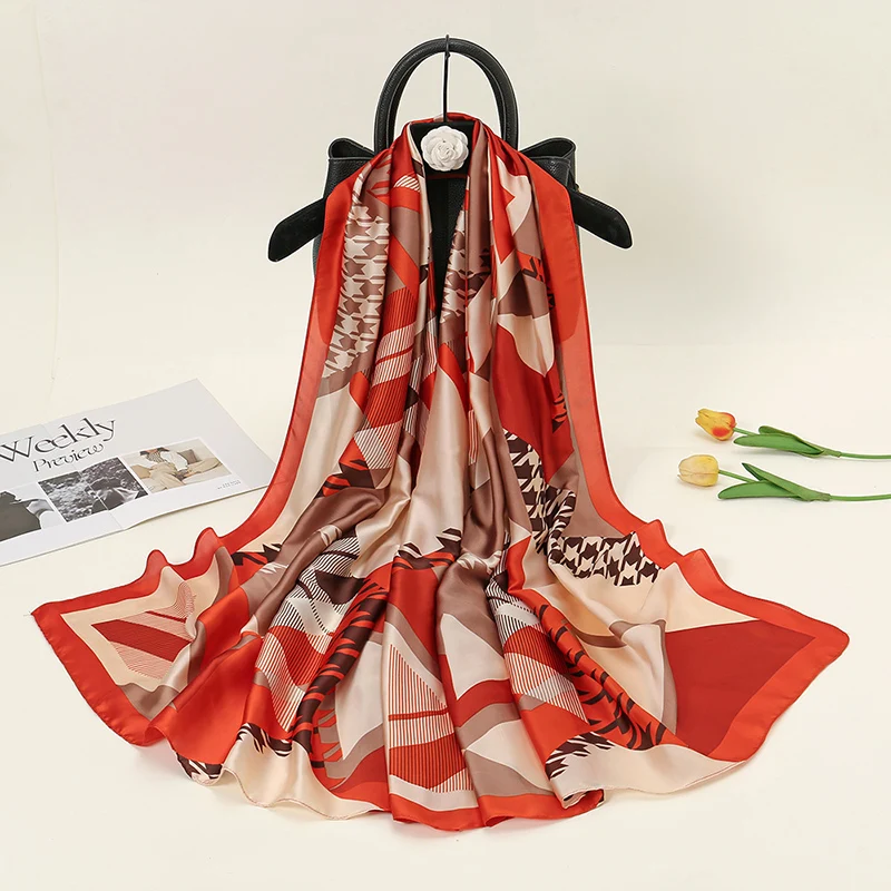 Fashion Imitation Silk Satin Scarf Women Floral Printed Shawl Casual Vintage Long Outdoor Scarves Hijab 180*90cm