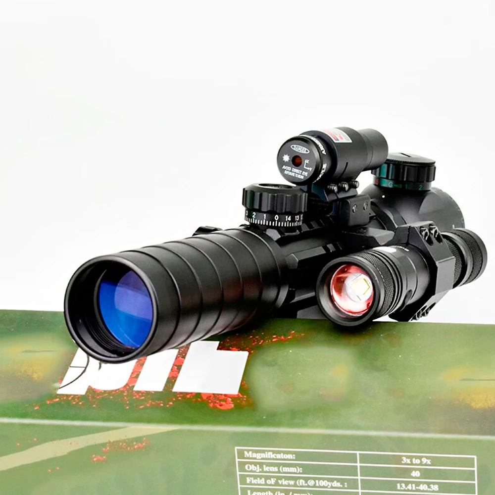 Red and Green Dot Laser Light Scope, Flashlight Combo, Picatinny Rail Mount, Weaver Adapter, 3-9x32, 20mm