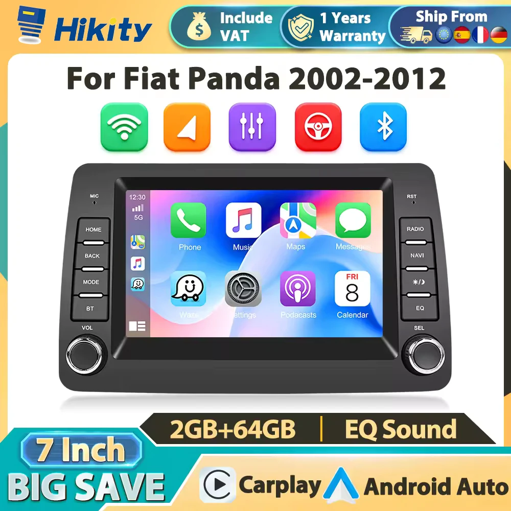 Sistema Intelligente per Auto Hikity 2Din per Fiat Panda (2002-2012) con Carplay, Audio Android Auto, GPS, Mirror Link, WIFI+4G, BT, FM/RDS