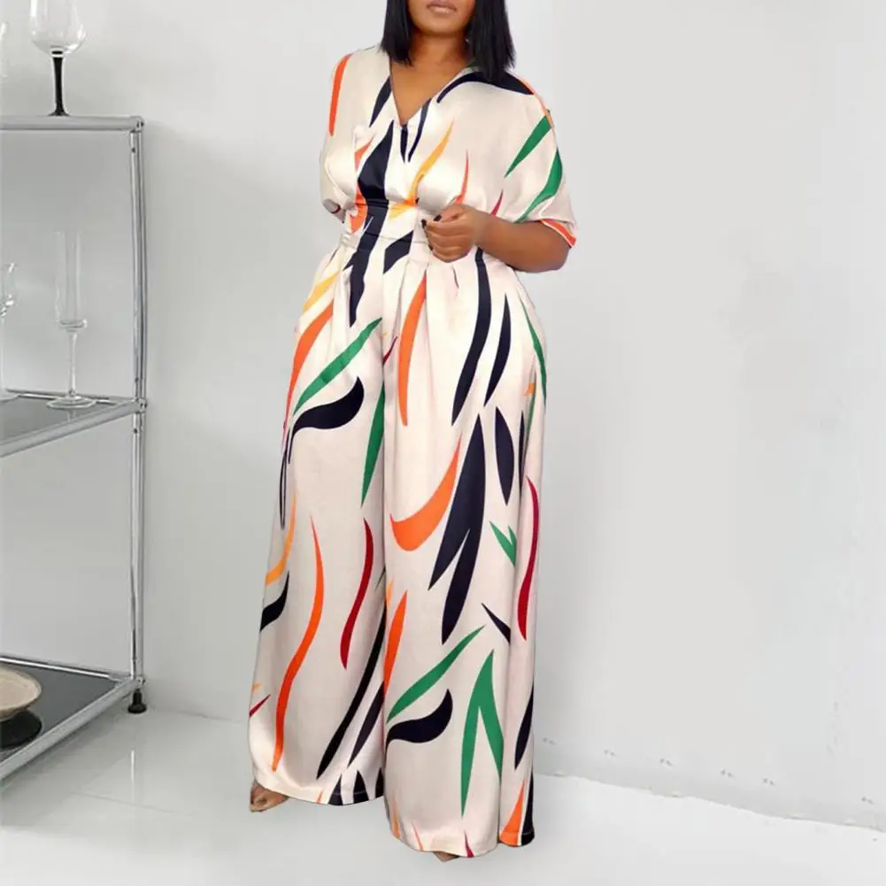 Women V-neck Batwing Half Sleeve Jumpsuit Colorful Striped Print High Waist Straight Wide Leg Long Jumpsuit Pants боди женское