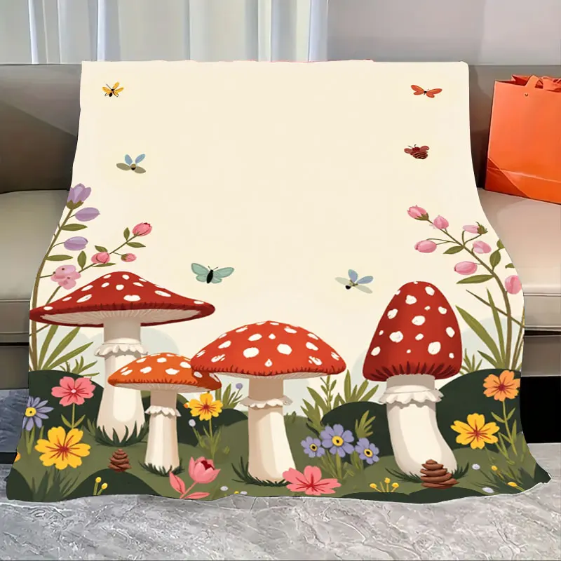 

1pc Flannel Blanket Charming Mushroom Garden Blanket with Butterflies and Flowers for Kids