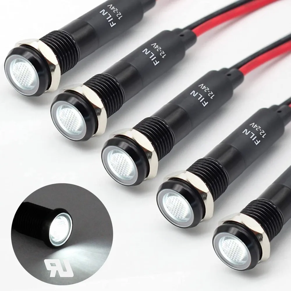 5 sztuk/partia 8mm Metalowa Lampa Ostrzegawcza LED IP65 Wodoodporna 12-24VDC/110-220VAC Do Montażu Panelowego, Sygnalizacyjna Lampka do Deski Rozdzielczej w Łodzi/Samochodzie