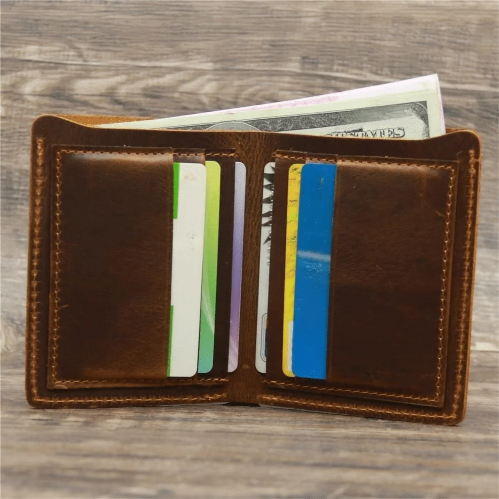 Bifold Design Men Genuine Leather Wallet Short Style Retro Handmade Wallet Minimalist Lightweight Card Bag Business