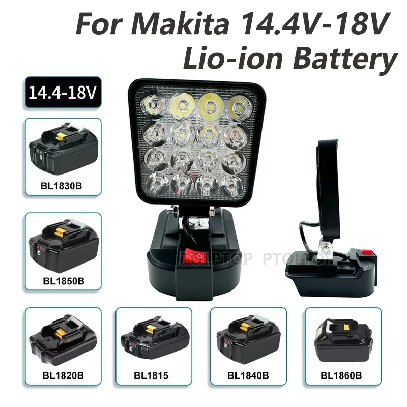 Tragbare LED-Arbeitsleuchte mit Schalter für Makita 14,4 V 18 V Li-Ionen-Akku, kabellos, für Arbeit im Freien, Camping, Angeln, Notbeleuchtung