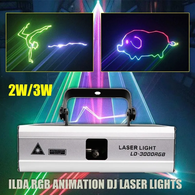 2W 3W ILDA Full Color RGB Pattern Scanning Effect Laser Light DMX512 Music Control Laser Projector for DJ Disco Stage Home Party