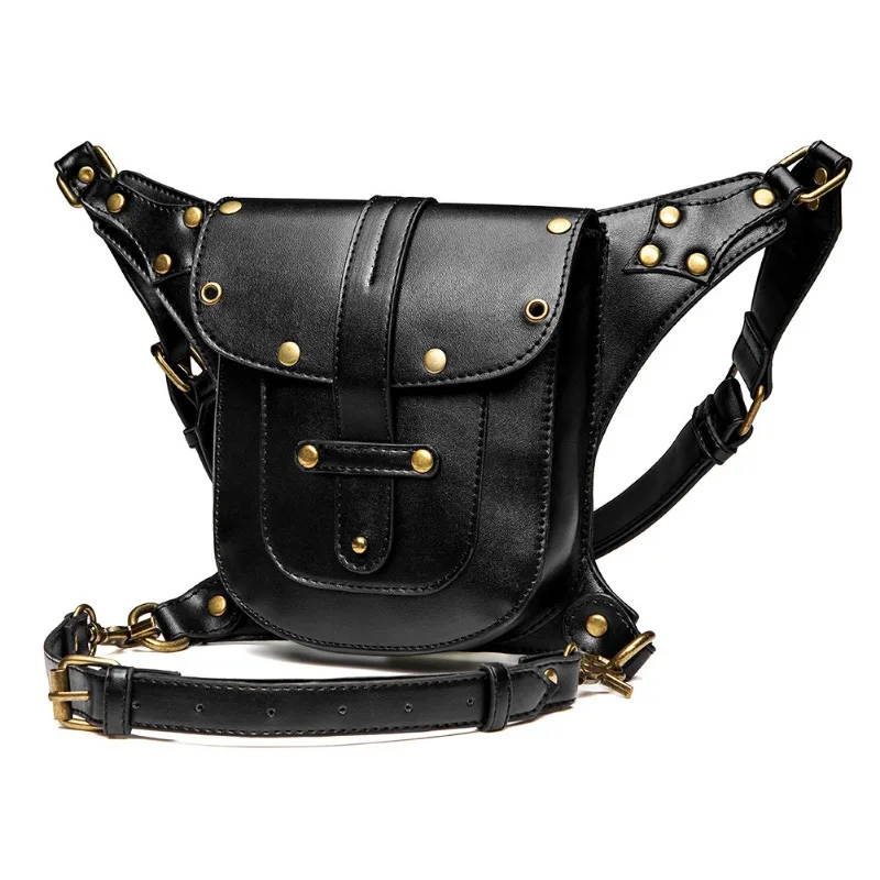 Retro Trends Black Shoulder Waist Bags for Men and Women Punk PU Leather Outdoor Travel Fanny Pack Mobile Wallet Hanging Leg Bag