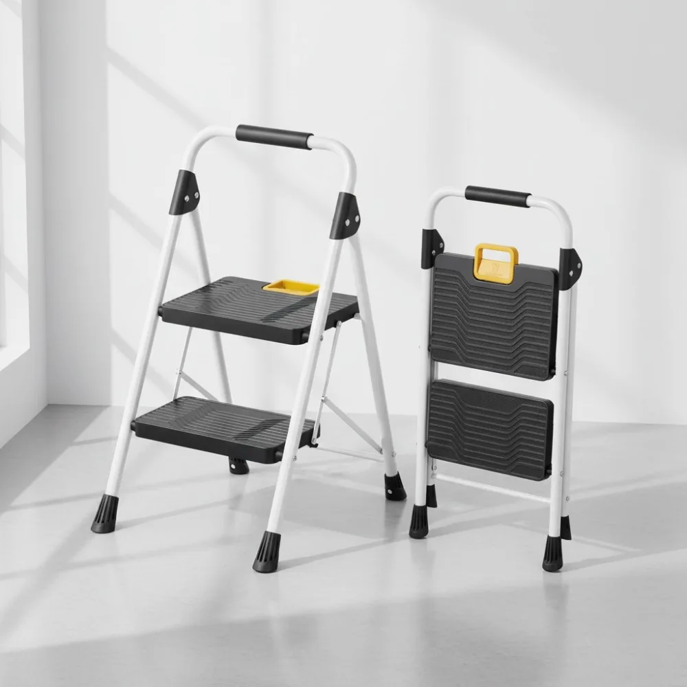 سلم قابل للطي بخطوتين، مقعد متدرج عالي التحمل بوزن 800 رطل مع قفل أمان ودواسات غير قابلة للانزلاق للاستخدام في المطبخ المنزلي والمكتب