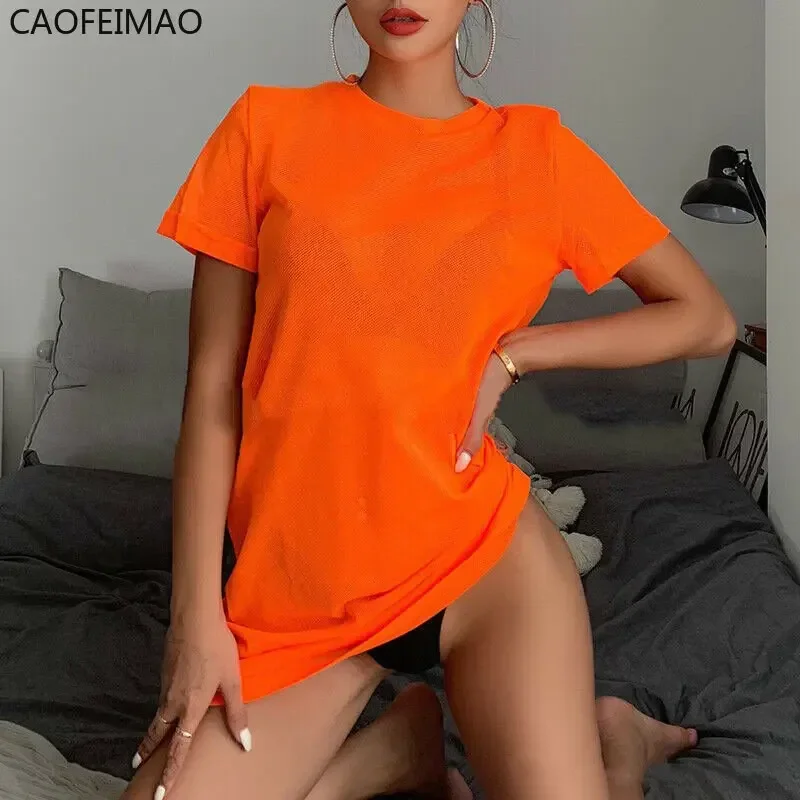 Sexy Women Sheer Mesh Bikini Cover Up Swimwear Swimsuit Bathing Suit See Through Short Sleeve T-shirt Tops Summer Beach Dress
