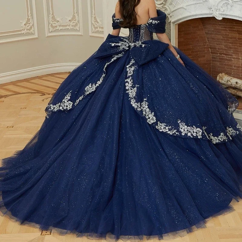 Angelsbridep Customized Navy Blue Ball Gown Quinceanera Dresses Vestidos 15 Años Quinceañera White Appliques Tiered Party Dress