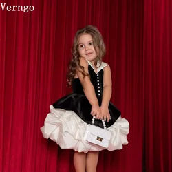 Verngo Black Velvet Mini Girl Flower Dress Sleeveless Short Ball Gowns Kid Birthday Party Dress Tutu Dress Celebrity Customized