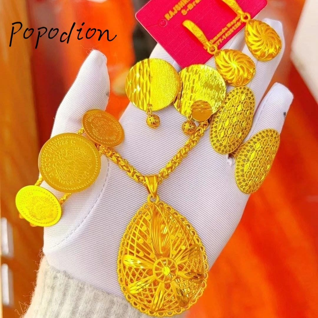 

Popodion New 14K Gold Plated Dubai Bride Jewelry Necklace Bracelet Earrings Women's Ring Fashion Jewelry YY10302