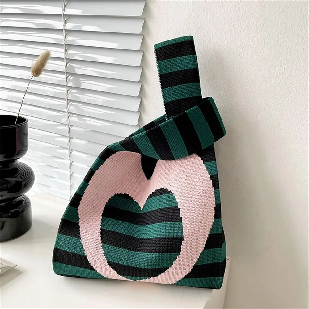 New Love Striped Handmade Knitted Handbag Minimalist Korean Women Mini Knot Wrist Bag Tote Bag Student Reusable Shopping Bags